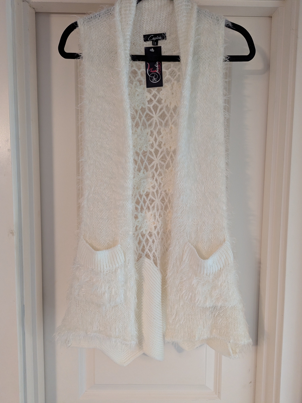Cecico Cream Fuzzy Open-Front Sweater Vest